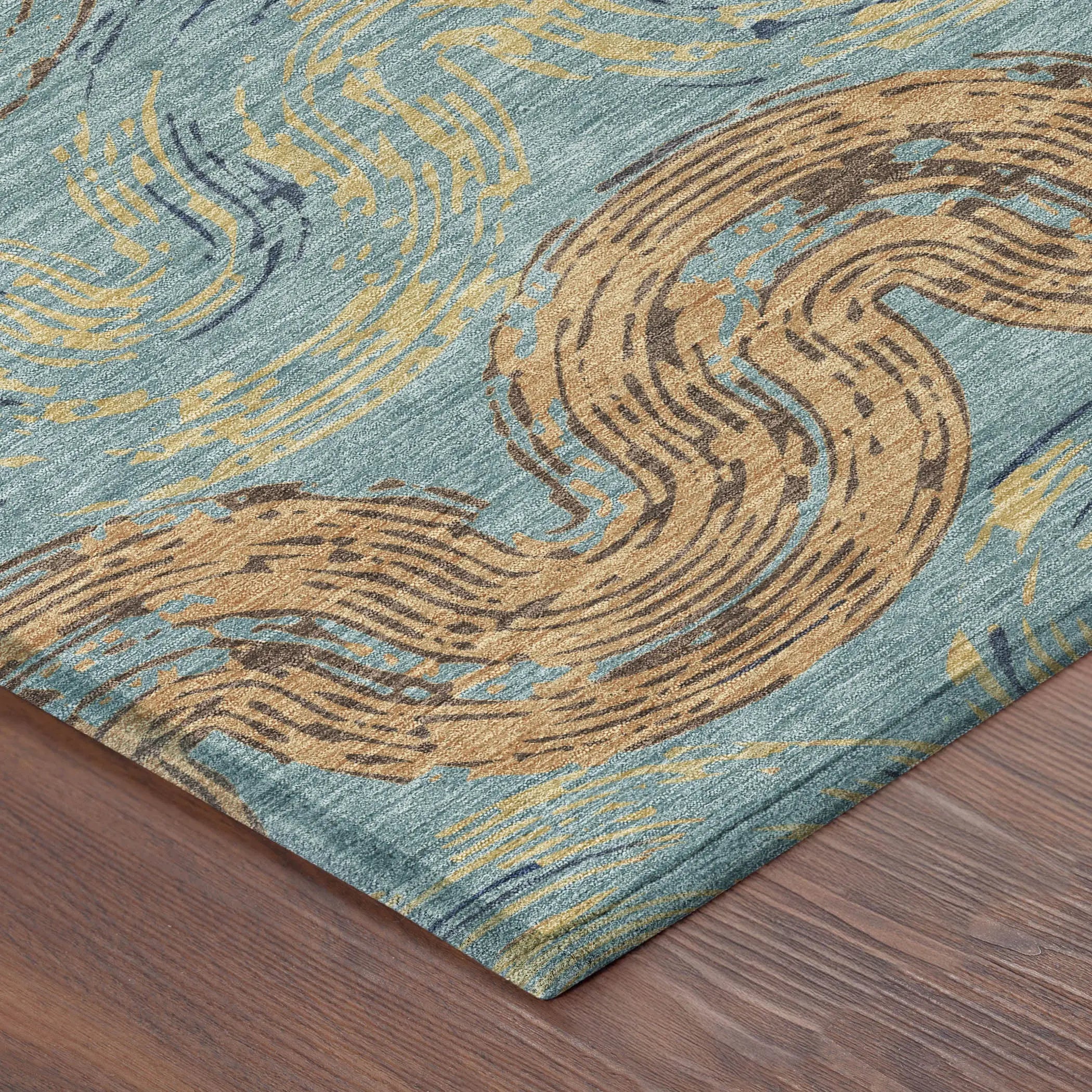9' X 12' Teal Blue And Wheat Abstract Washable Indoor Outdoor Area Rug Homeroots Outdoor