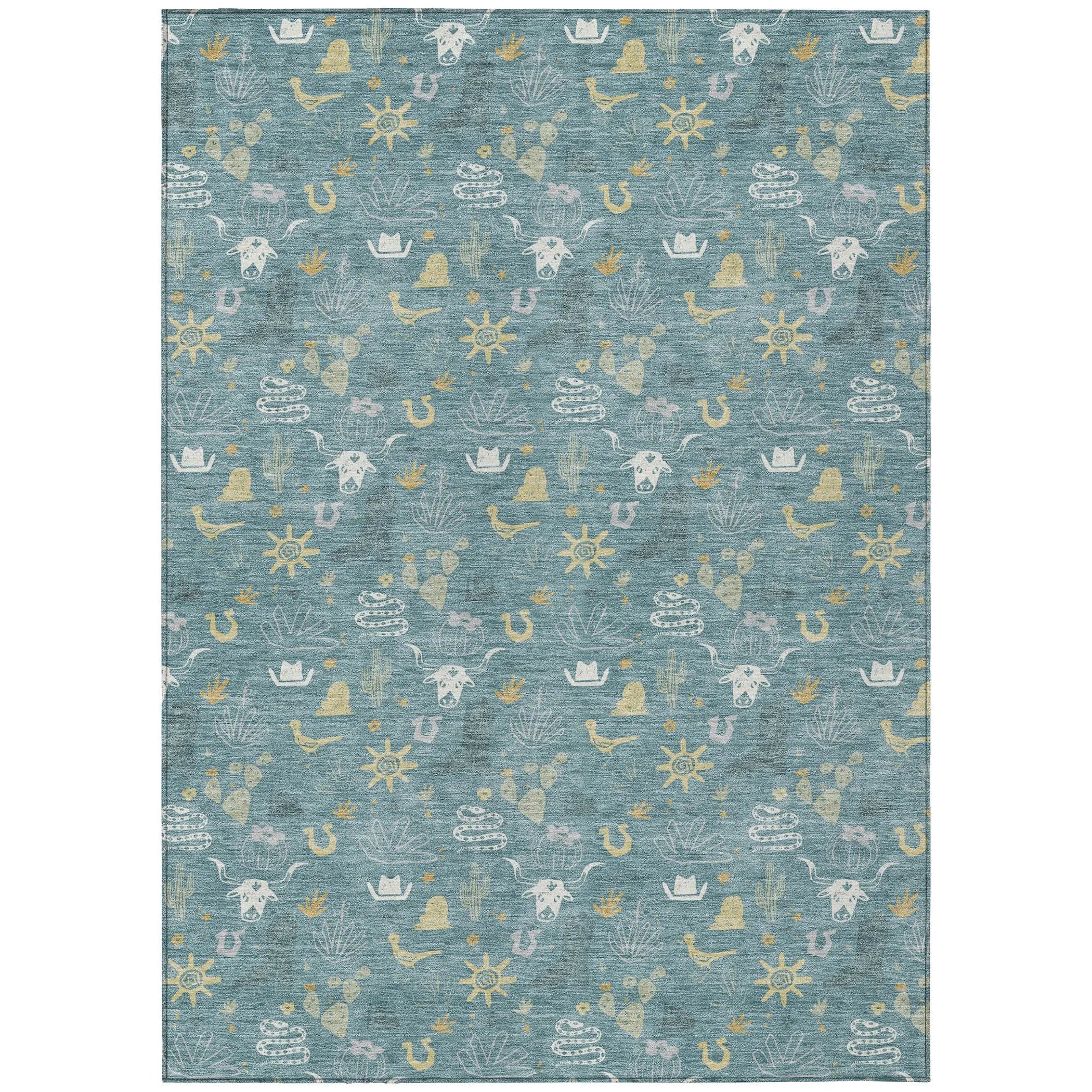 9' X 12' Teal Blue And Wheat Cactus Washable Indoor Outdoor Area Rug Homeroots Outdoor