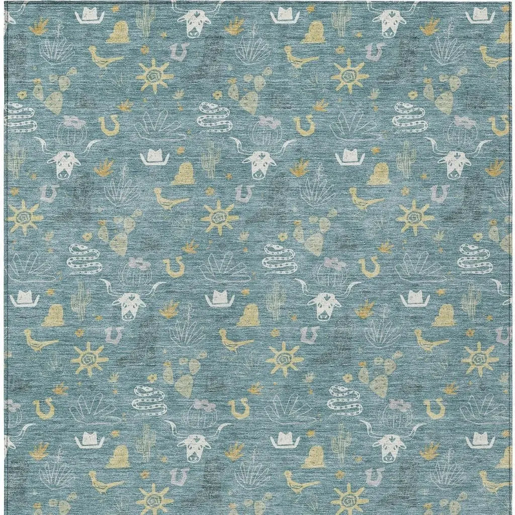 9' X 12' Teal Blue And Wheat Cactus Washable Indoor Outdoor Area Rug Homeroots Outdoor