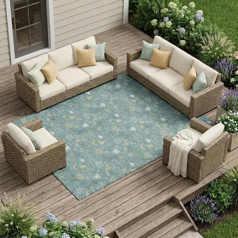 9' X 12' Teal Blue And Wheat Cactus Washable Indoor Outdoor Area Rug Homeroots Outdoor