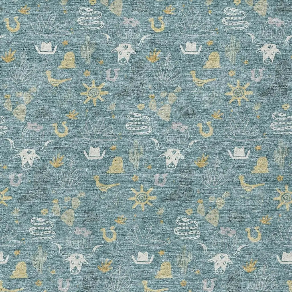 9' X 12' Teal Blue And Wheat Cactus Washable Indoor Outdoor Area Rug Homeroots Outdoor