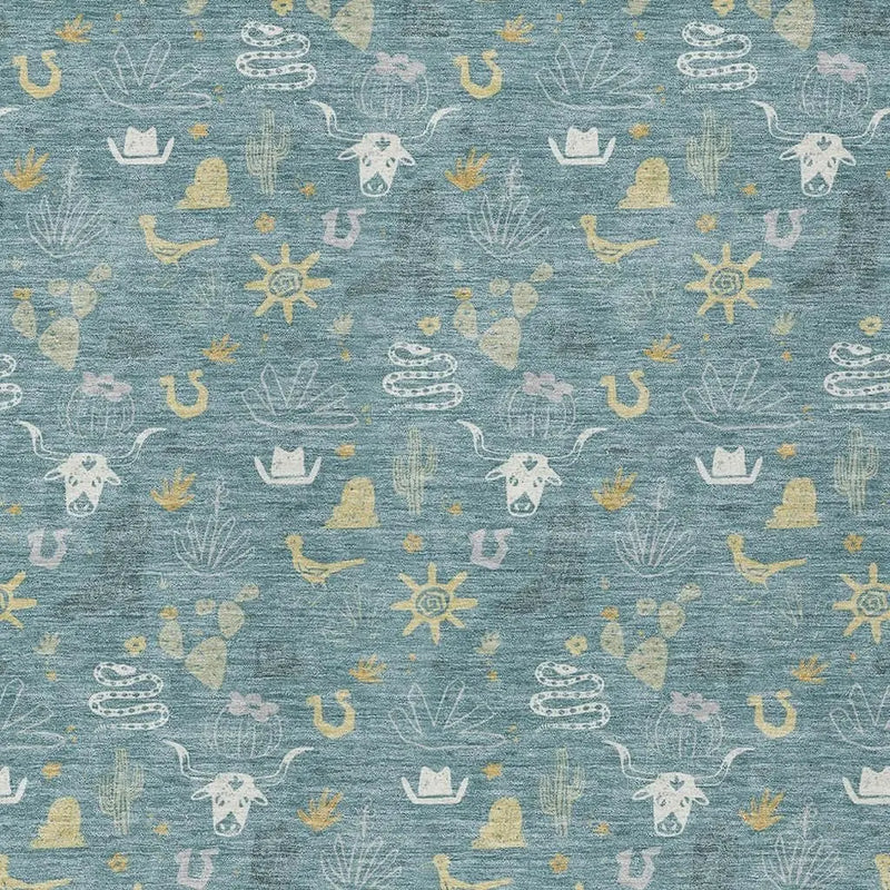 9' X 12' Teal Blue And Wheat Cactus Washable Indoor Outdoor Area Rug Homeroots Outdoor