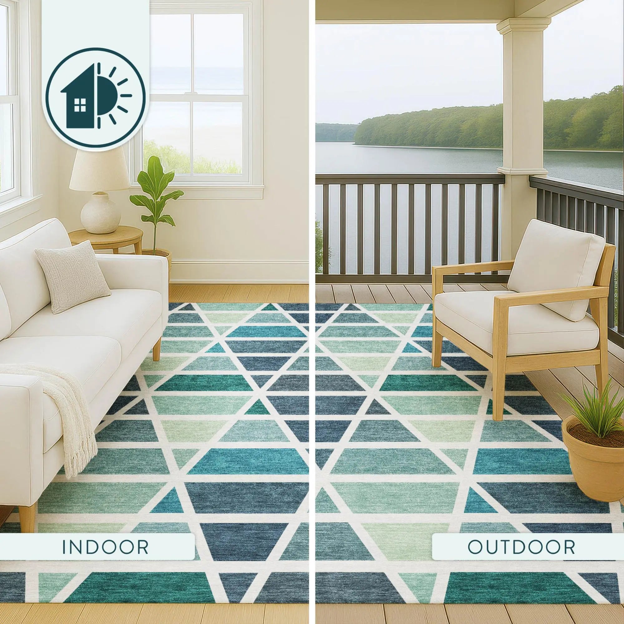 9' X 12' Teal Blue And White Geometric Washable Indoor Outdoor Area Rug Homeroots Outdoor