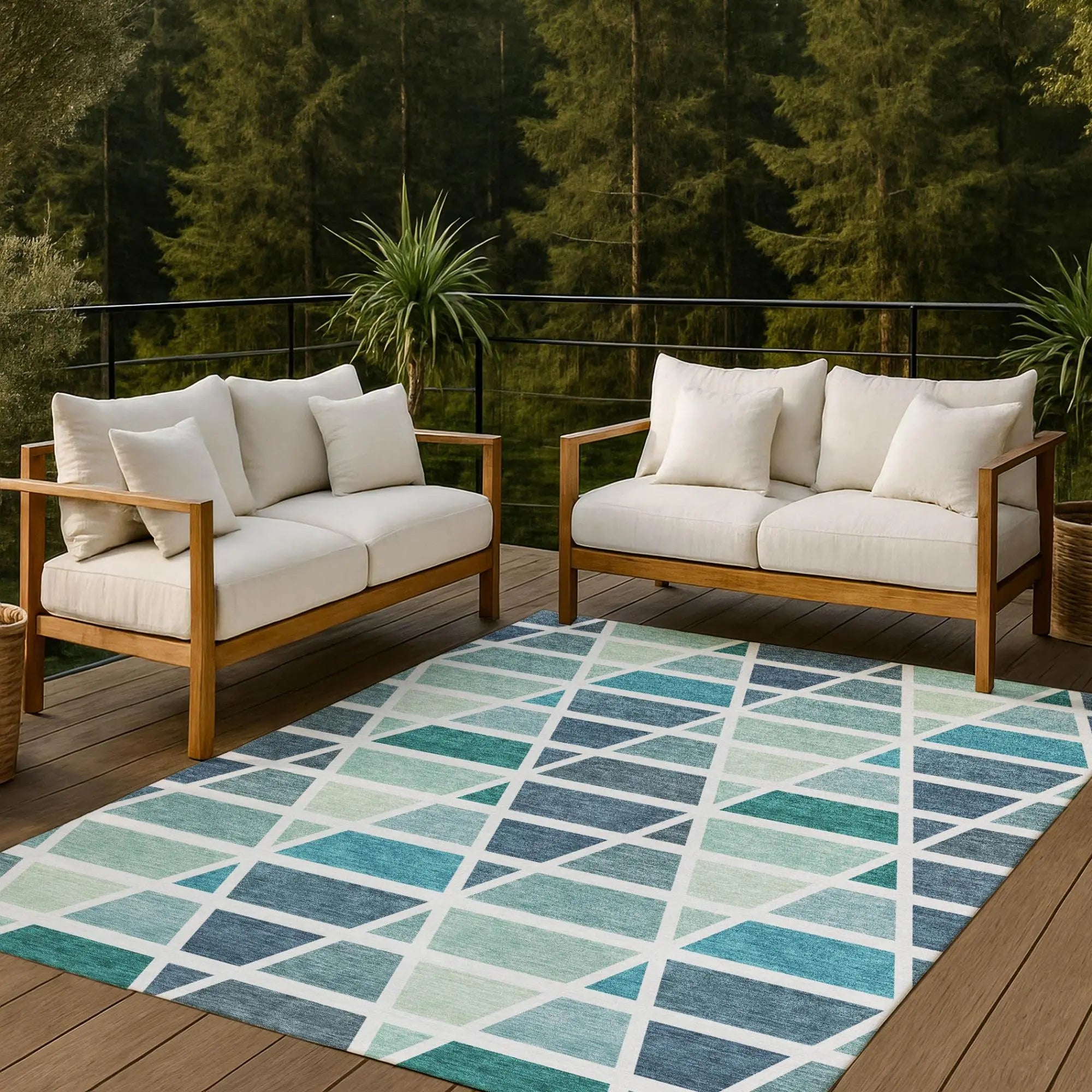 9' X 12' Teal Blue And White Geometric Washable Indoor Outdoor Area Rug Homeroots Outdoor