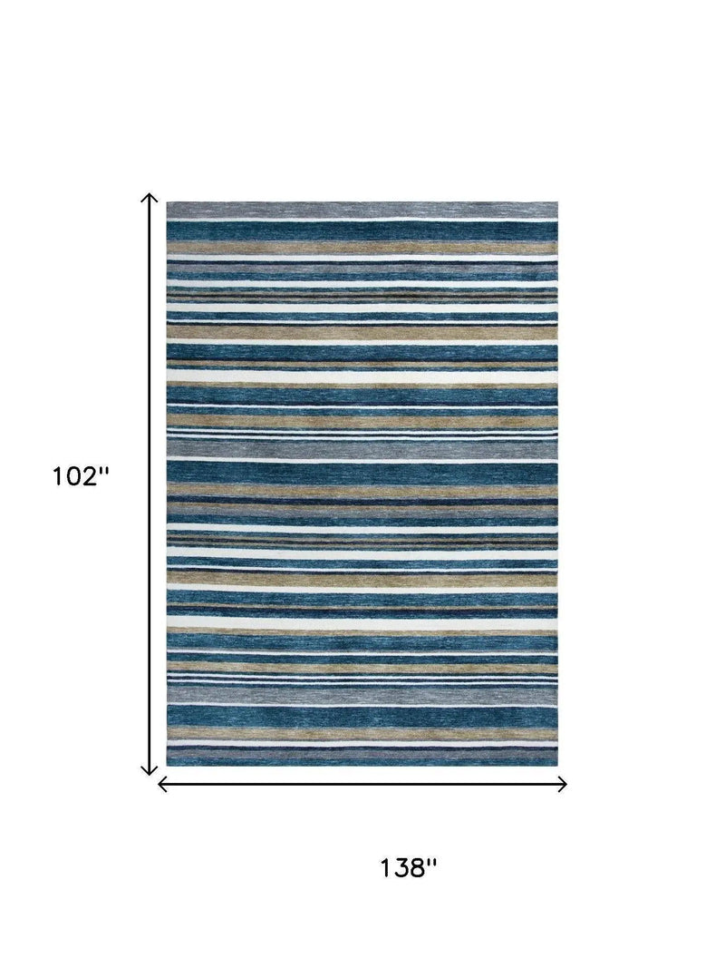 9' X 12' Teal Ivory And Gray Striped Hand Tufted Area Rug Homeroots Home Decor