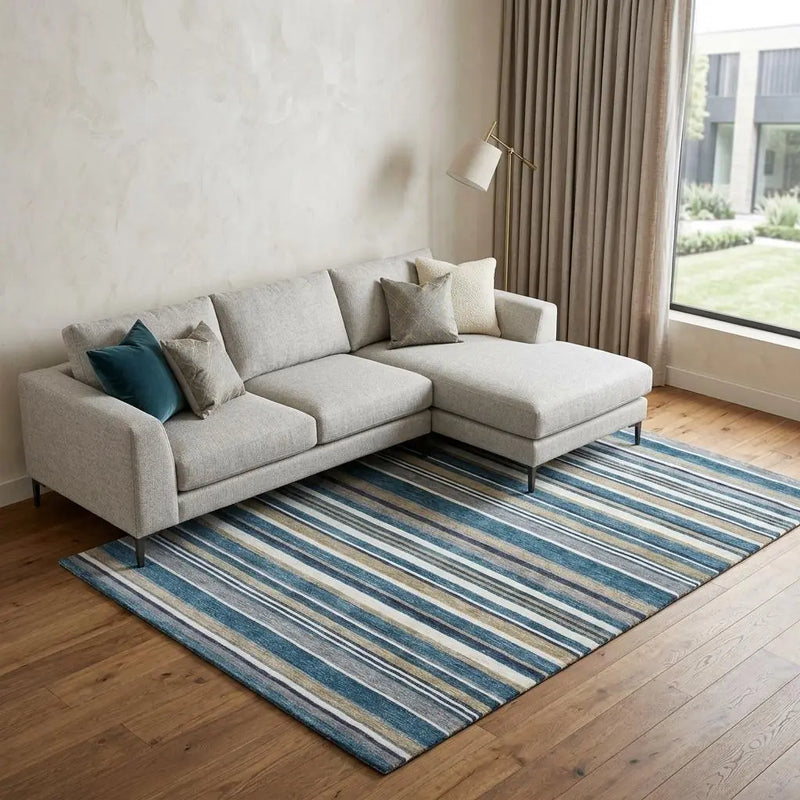 9' X 12' Teal Ivory And Gray Striped Hand Tufted Area Rug Homeroots Home Decor