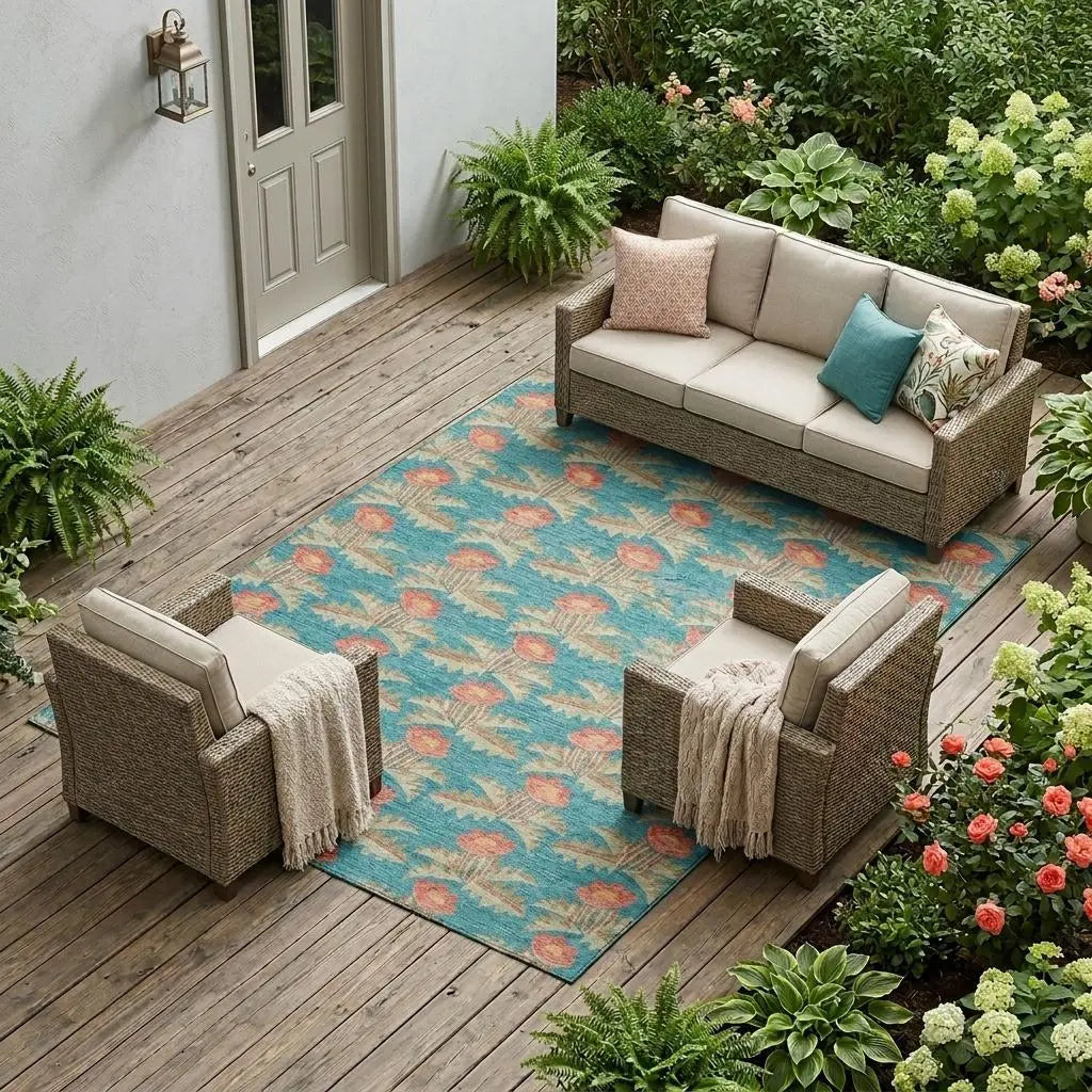 9' X 12' Turquoise And Brown Floral Washable Indoor Outdoor Area Rug Homeroots Outdoor