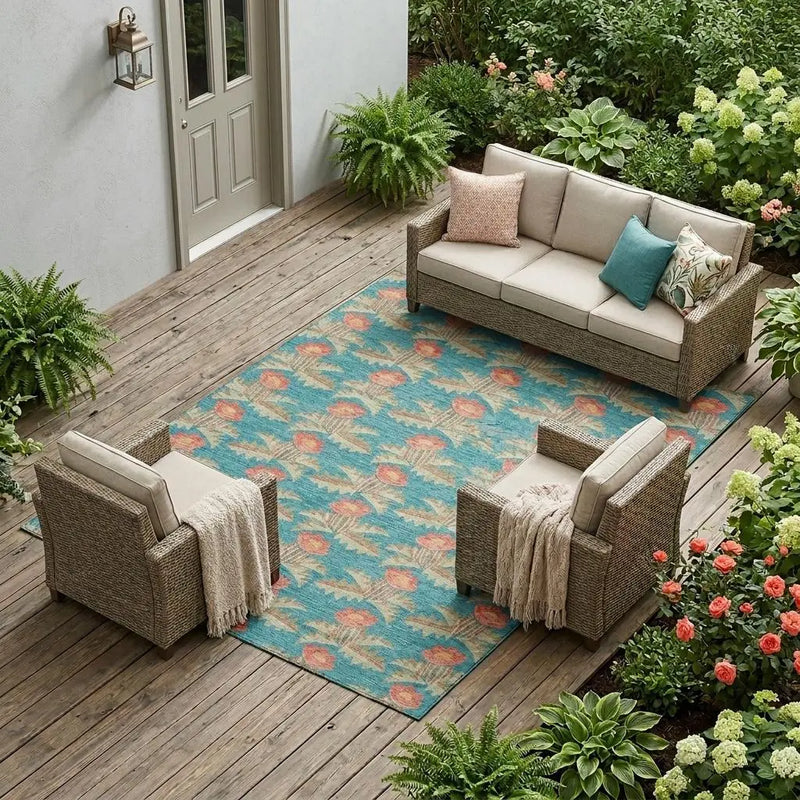 9' X 12' Turquoise And Brown Floral Washable Indoor Outdoor Area Rug Homeroots Outdoor