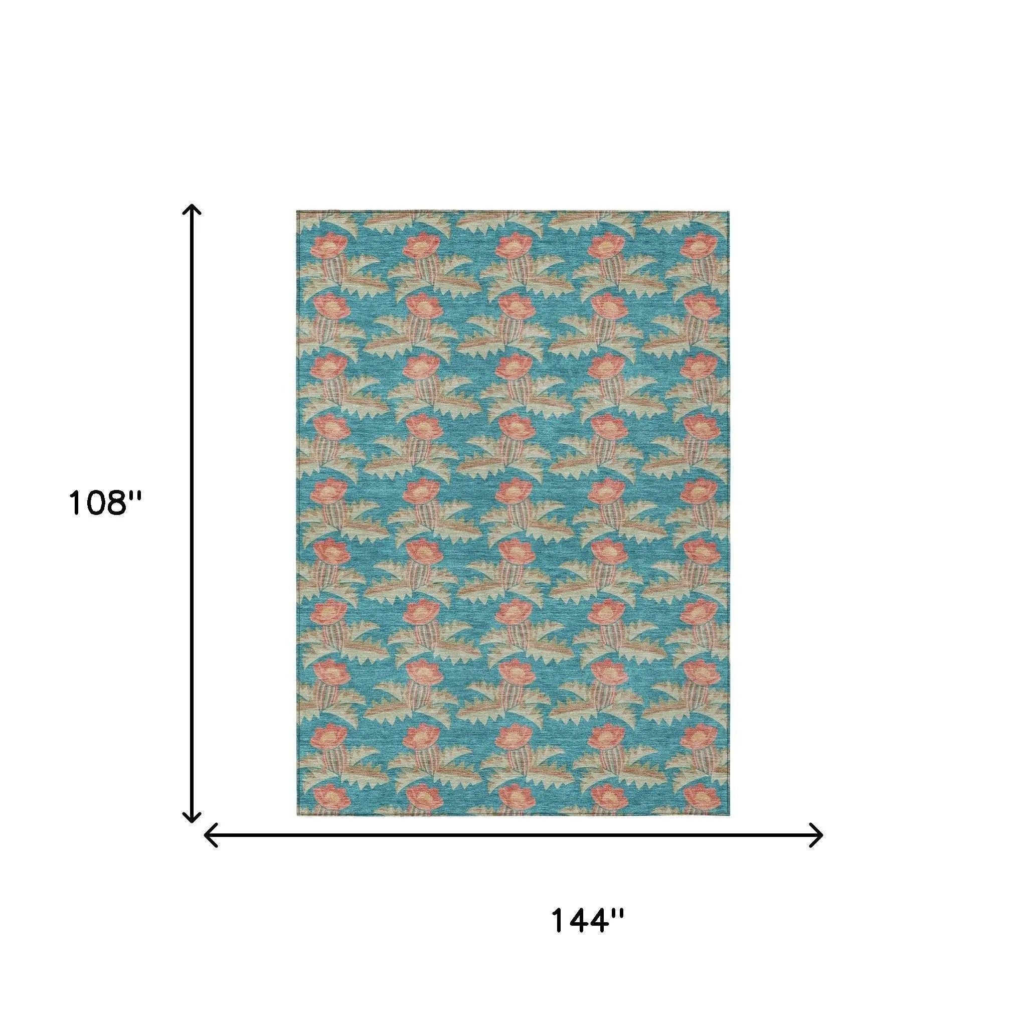 9' X 12' Turquoise And Brown Floral Washable Indoor Outdoor Area Rug Homeroots Outdoor