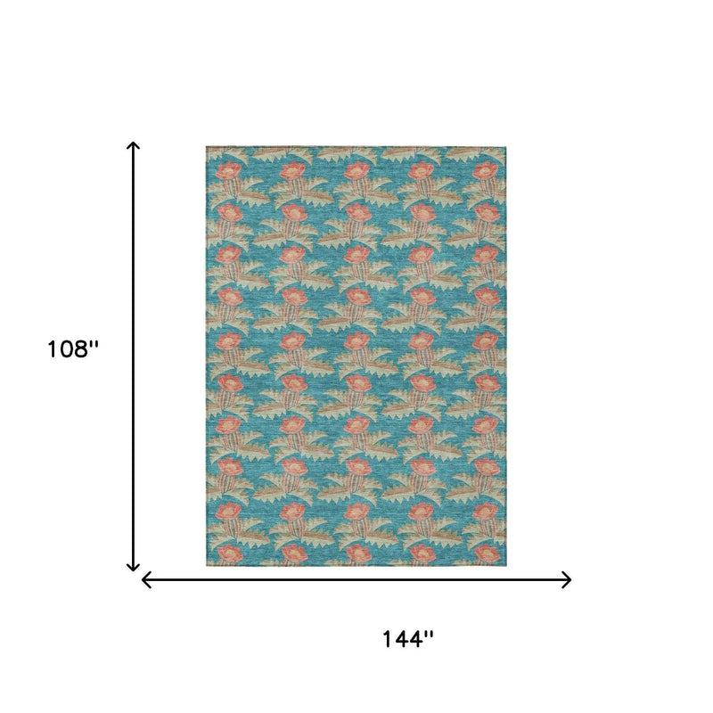 9' X 12' Turquoise And Brown Floral Washable Indoor Outdoor Area Rug Homeroots Outdoor
