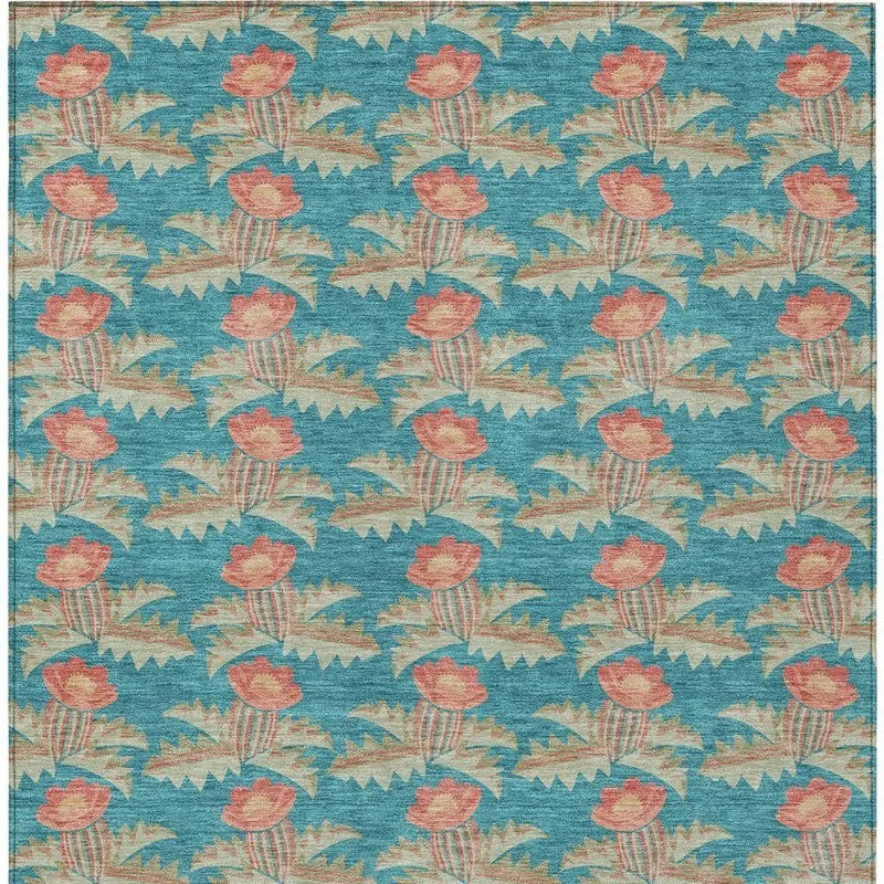 9' X 12' Turquoise And Brown Floral Washable Indoor Outdoor Area Rug Homeroots Outdoor
