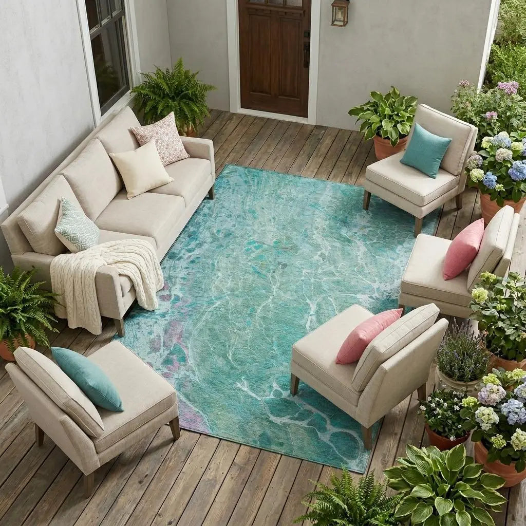 9' X 12' Turquoise And Teal Blue Abstract Washable Indoor Outdoor Area Rug Homeroots Outdoor