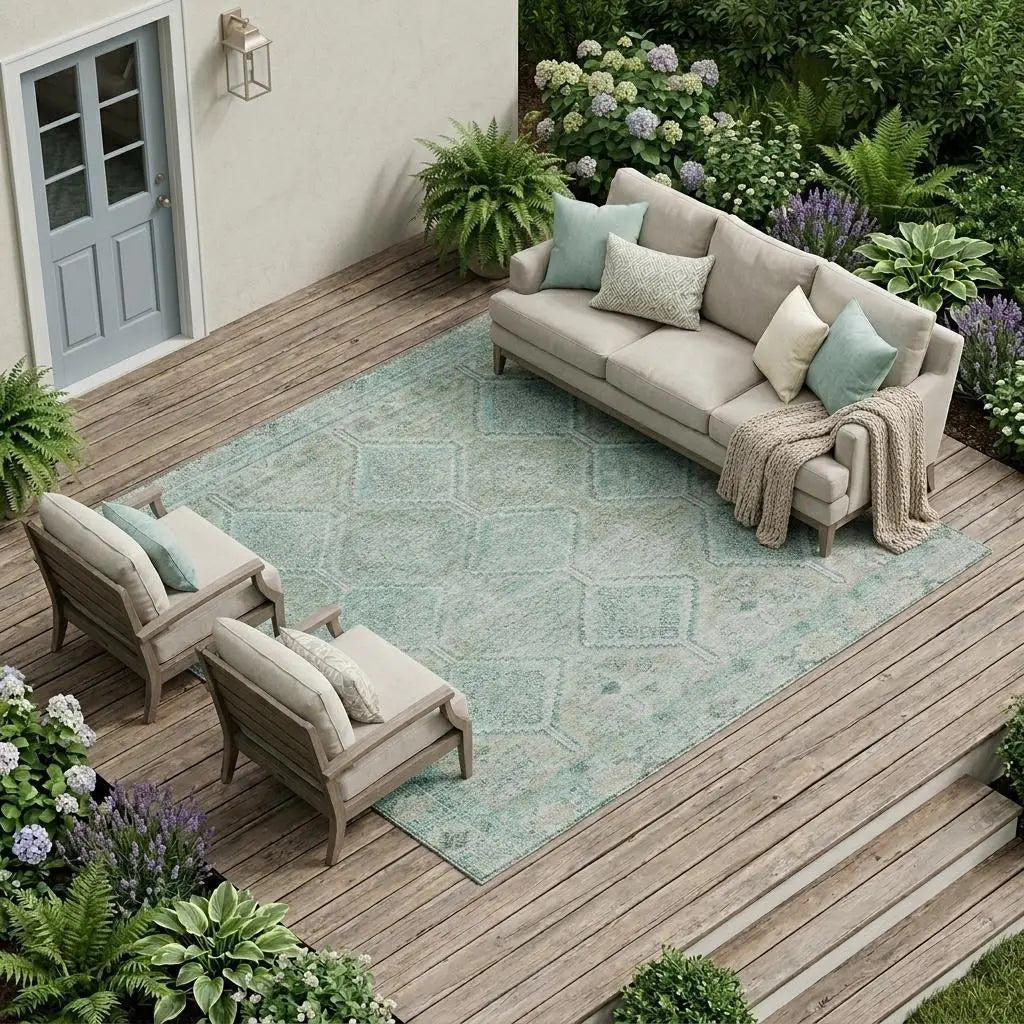 9' X 12' Turquoise And Teal Blue Geometric Washable Indoor Outdoor Area Rug Homeroots Outdoor