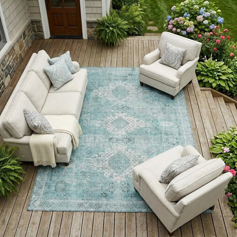 9' X 12' Turquoise And Teal Blue Oriental Washable Indoor Outdoor Area Rug Homeroots Outdoor