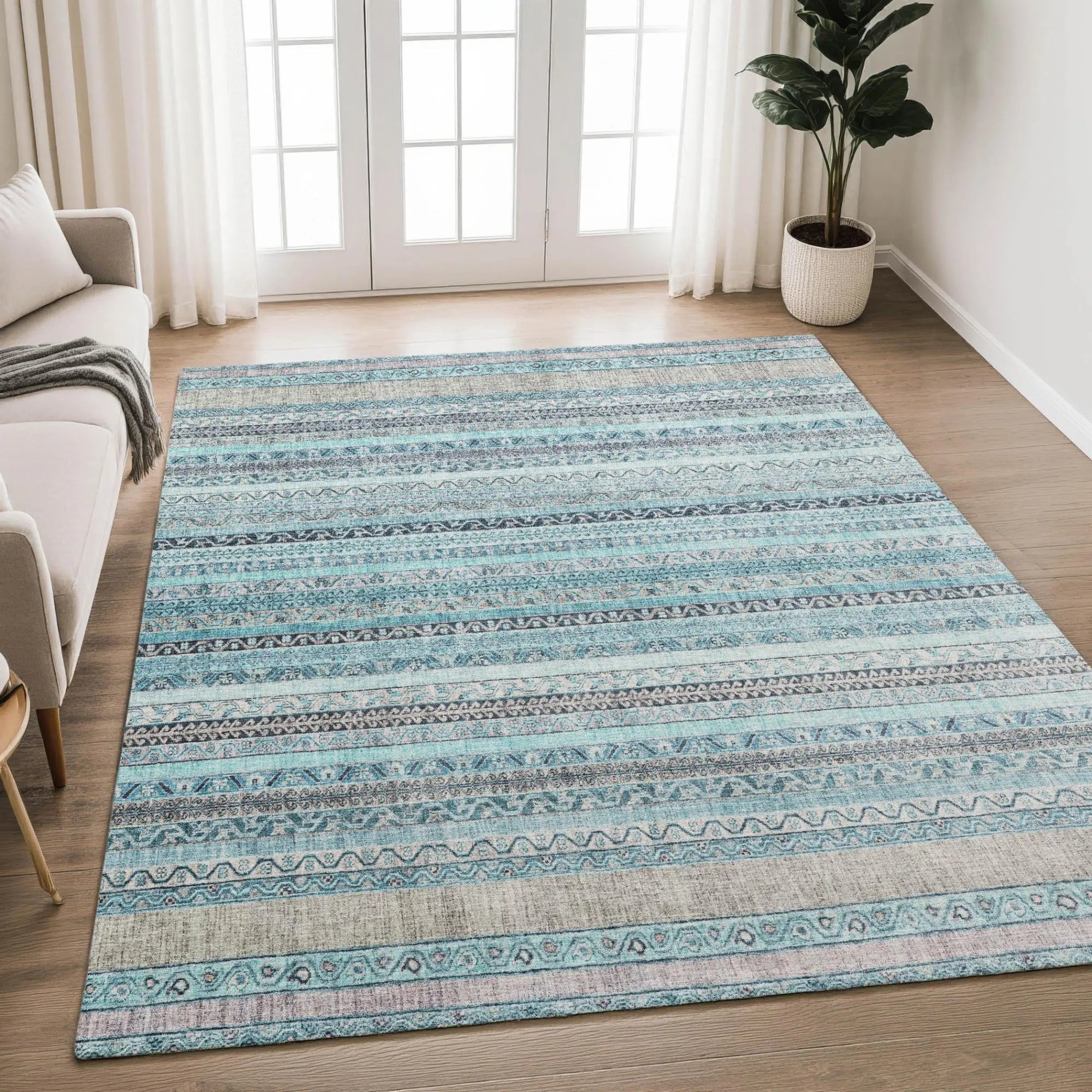 9' X 12' Turquoise And Teal Blue Striped Washable Indoor Outdoor Area Rug Homeroots Outdoor