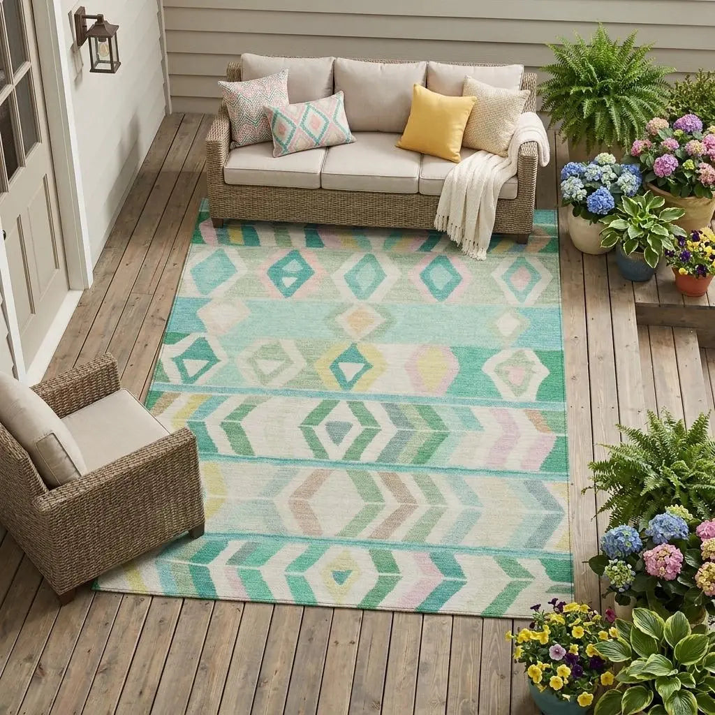 9' X 12' Turquoise And Teal Blue Tribal Washable Indoor Outdoor Area Rug Homeroots Outdoor
