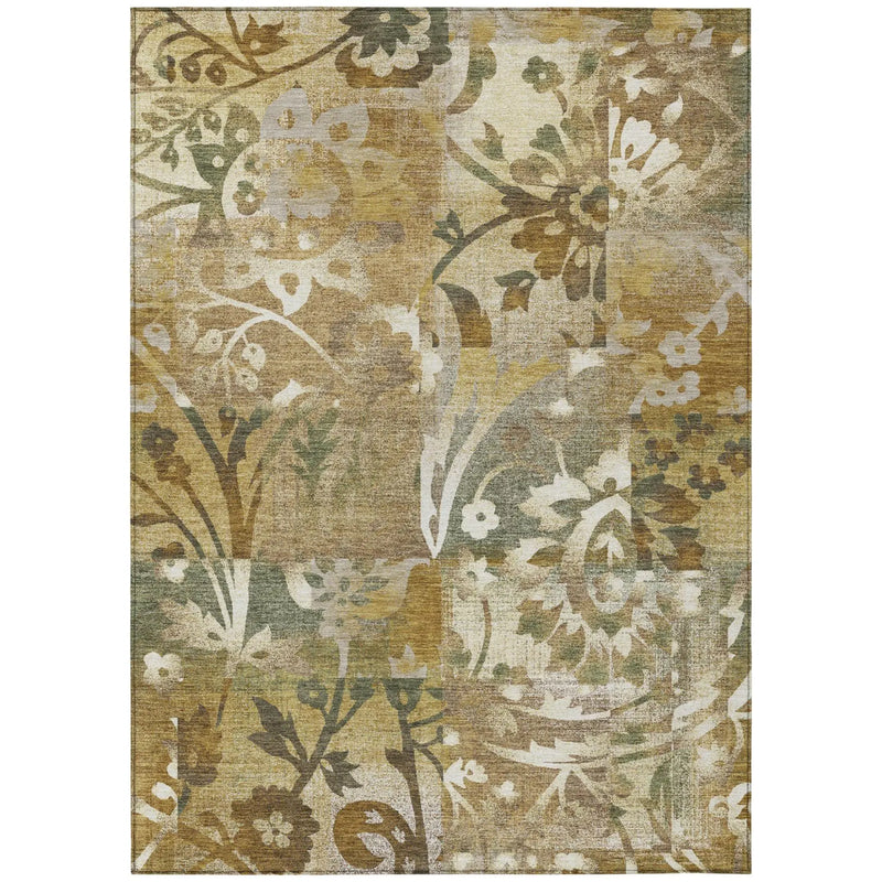 9' X 12' Walnut And Gold Botanical Leaves Washable Indoor Outdoor Area Rug Homeroots Outdoor