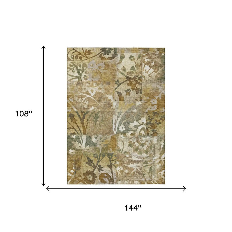 9' X 12' Walnut And Gold Botanical Leaves Washable Indoor Outdoor Area Rug Homeroots Outdoor