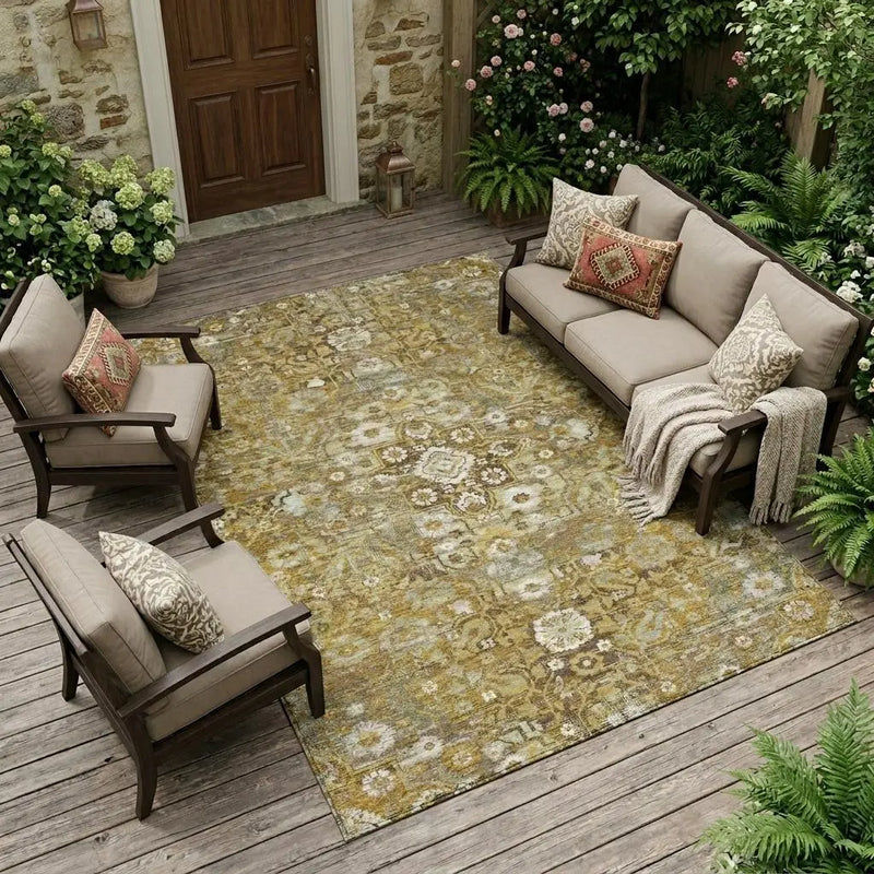 9' X 12' Walnut And Gold Floral Medallion Washable Indoor Outdoor Area Rug Homeroots Outdoor