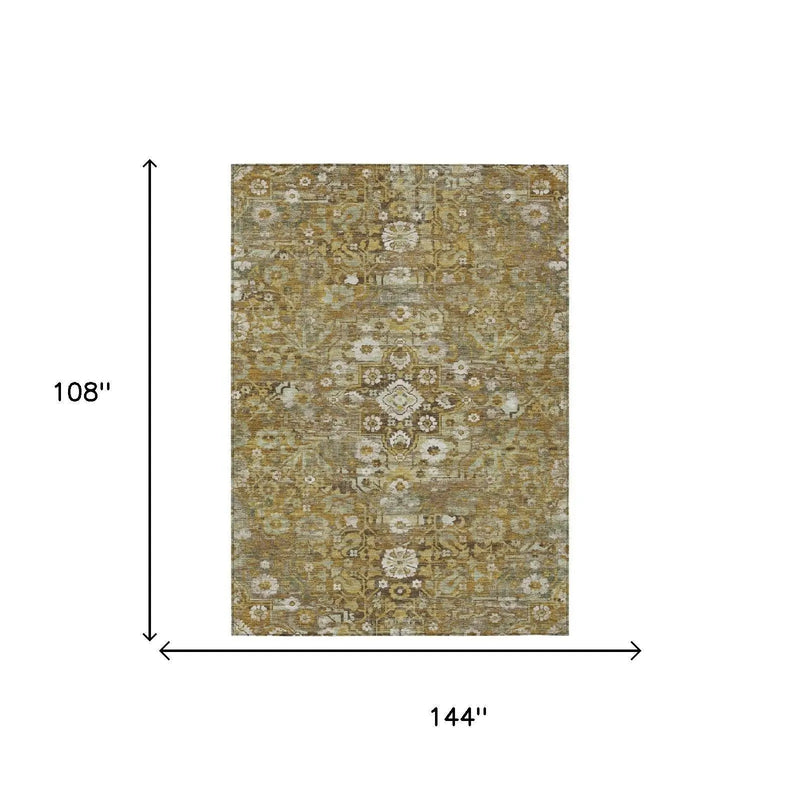 9' X 12' Walnut And Gold Floral Medallion Washable Indoor Outdoor Area Rug Homeroots Outdoor