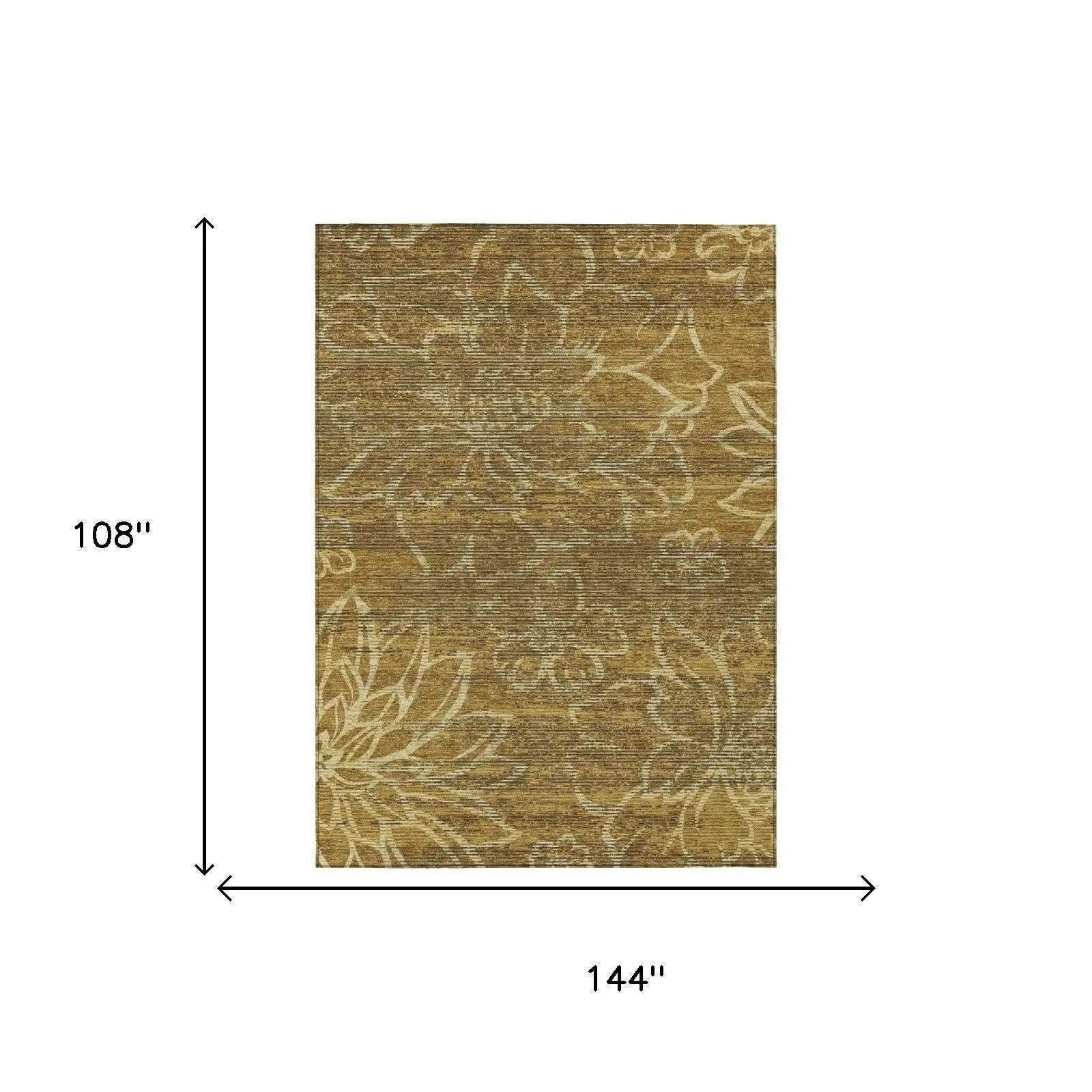 9' X 12' Walnut And Gold Floral Washable Indoor Outdoor Area Rug Homeroots Outdoor
