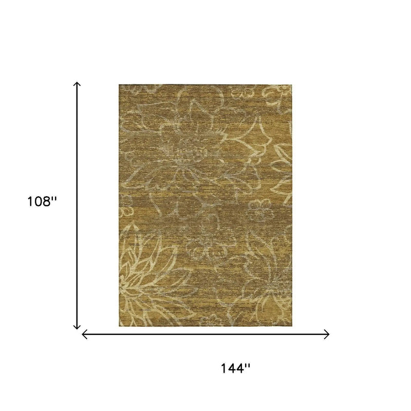 9' X 12' Walnut And Gold Floral Washable Indoor Outdoor Area Rug Homeroots Outdoor