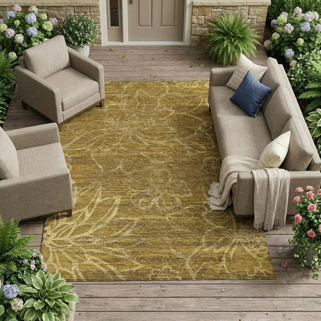 9' X 12' Walnut And Gold Floral Washable Indoor Outdoor Area Rug Homeroots Outdoor