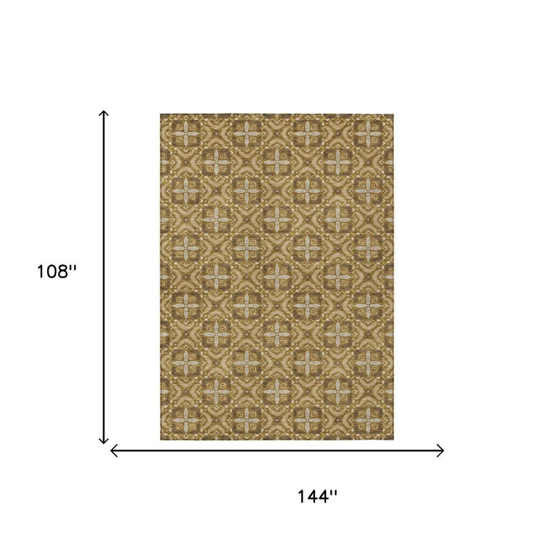 9' X 12' Walnut And Gold Geometric Washable Indoor Outdoor Area Rug Homeroots Outdoor