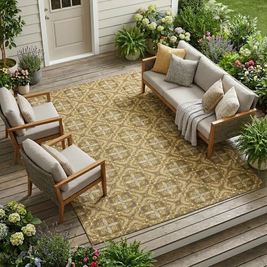 9' X 12' Walnut And Gold Geometric Washable Indoor Outdoor Area Rug Homeroots Outdoor