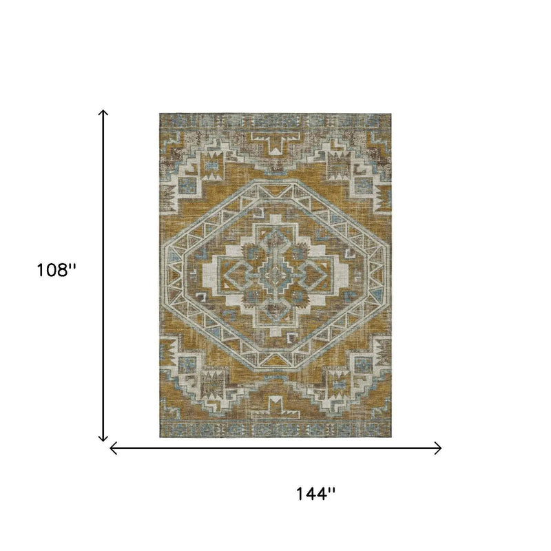 9' X 12' Walnut And Gold Southwestern Washable Indoor Outdoor Area Rug Homeroots Outdoor