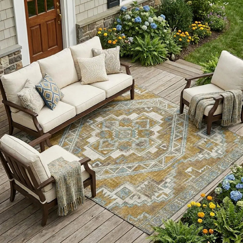 9' X 12' Walnut And Gold Southwestern Washable Indoor Outdoor Area Rug Homeroots Outdoor