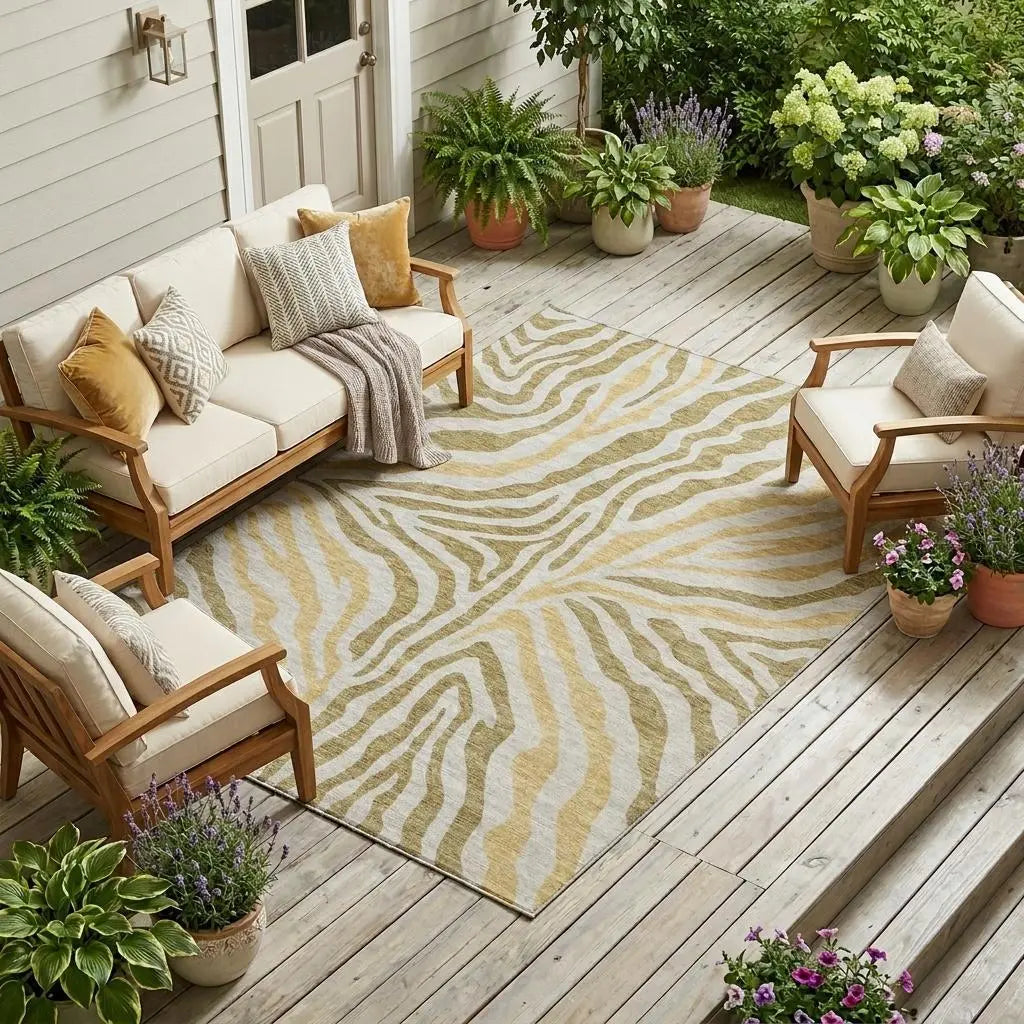 9' X 12' Walnut And Gold Zebra Print Washable Indoor Outdoor Area Rug Homeroots Outdoor
