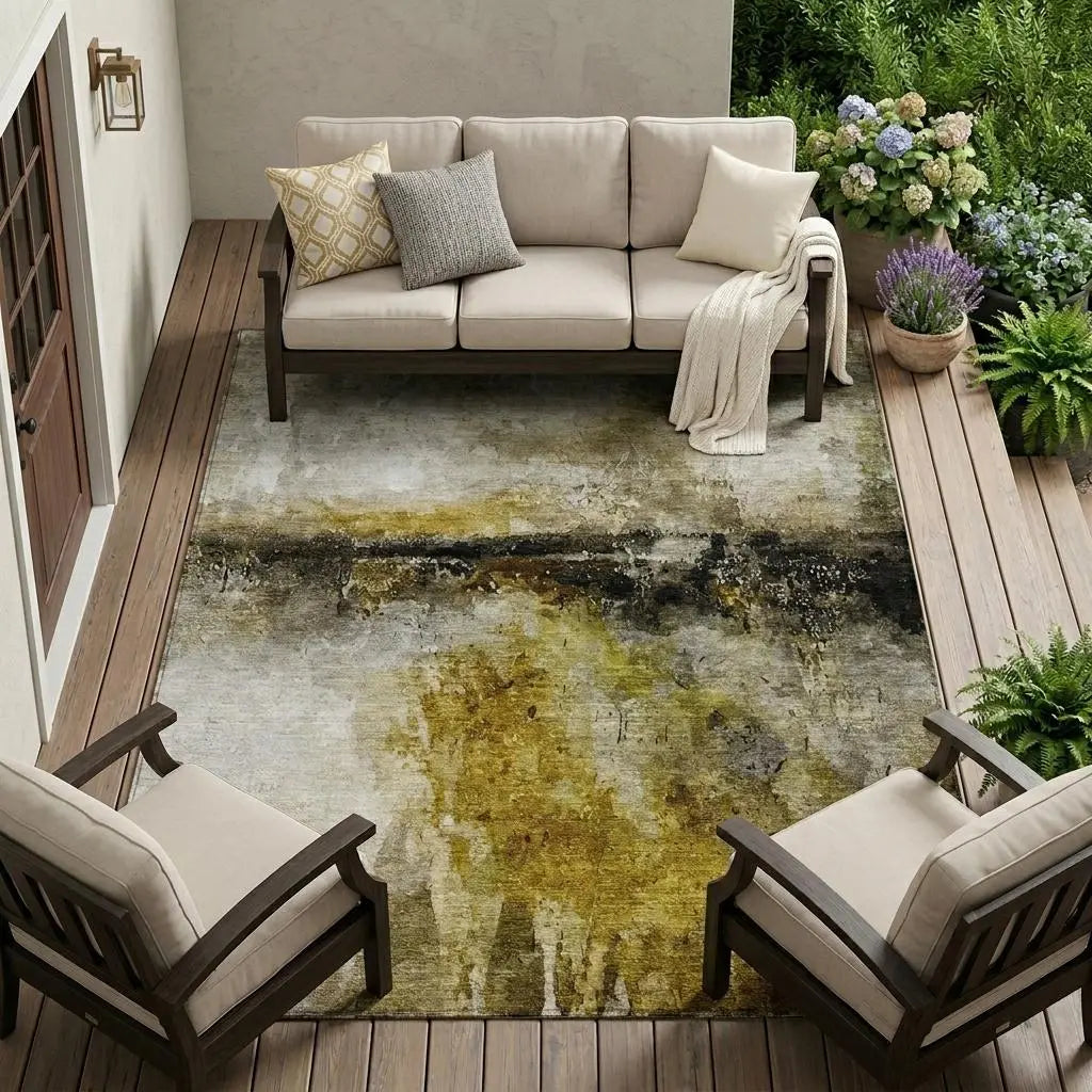 9' X 12' Wheat And Gold Abstract Washable Indoor Outdoor Area Rug Homeroots Outdoor