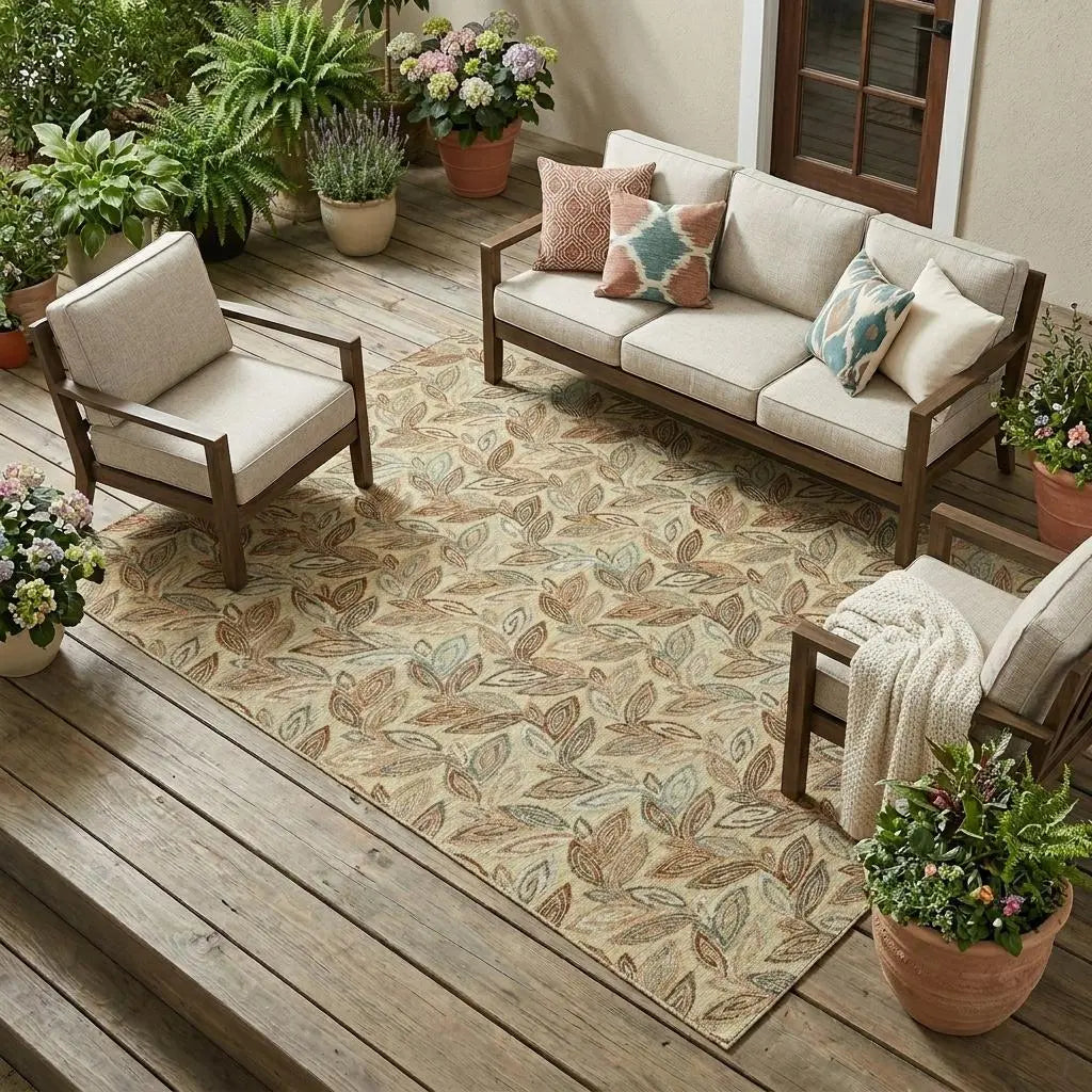 9' X 12' Wheat And Gold Botanical Leaves Washable Indoor Outdoor Area Rug Homeroots Outdoor
