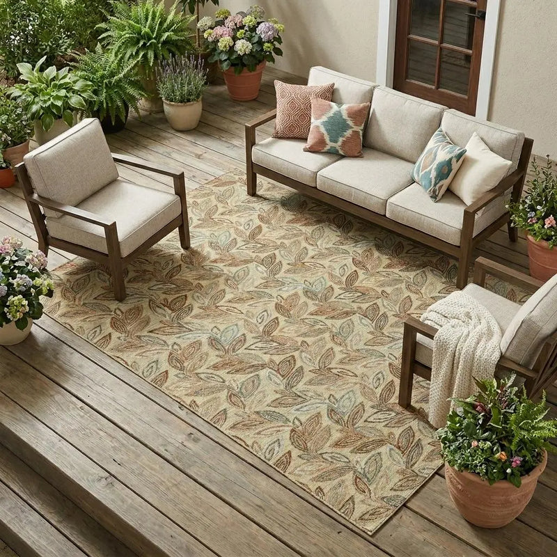 9' X 12' Wheat And Gold Botanical Leaves Washable Indoor Outdoor Area Rug Homeroots Outdoor