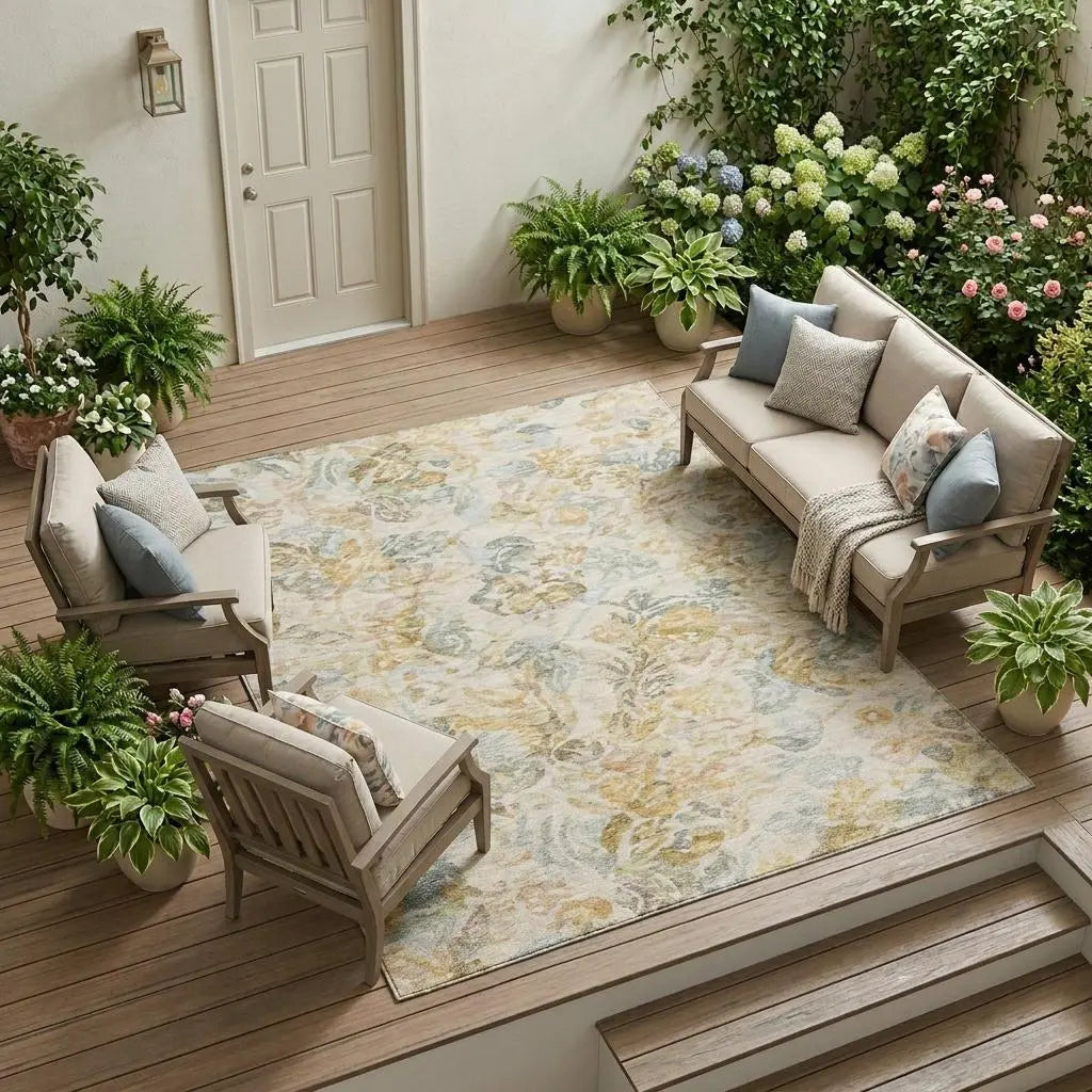 9' X 12' Wheat And Gold Floral Washable Indoor Outdoor Area Rug Homeroots Outdoor