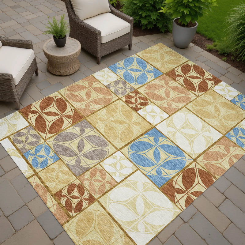 9' X 12' Wheat And Gold Geometric Washable Indoor Outdoor Area Rug Homeroots Outdoor