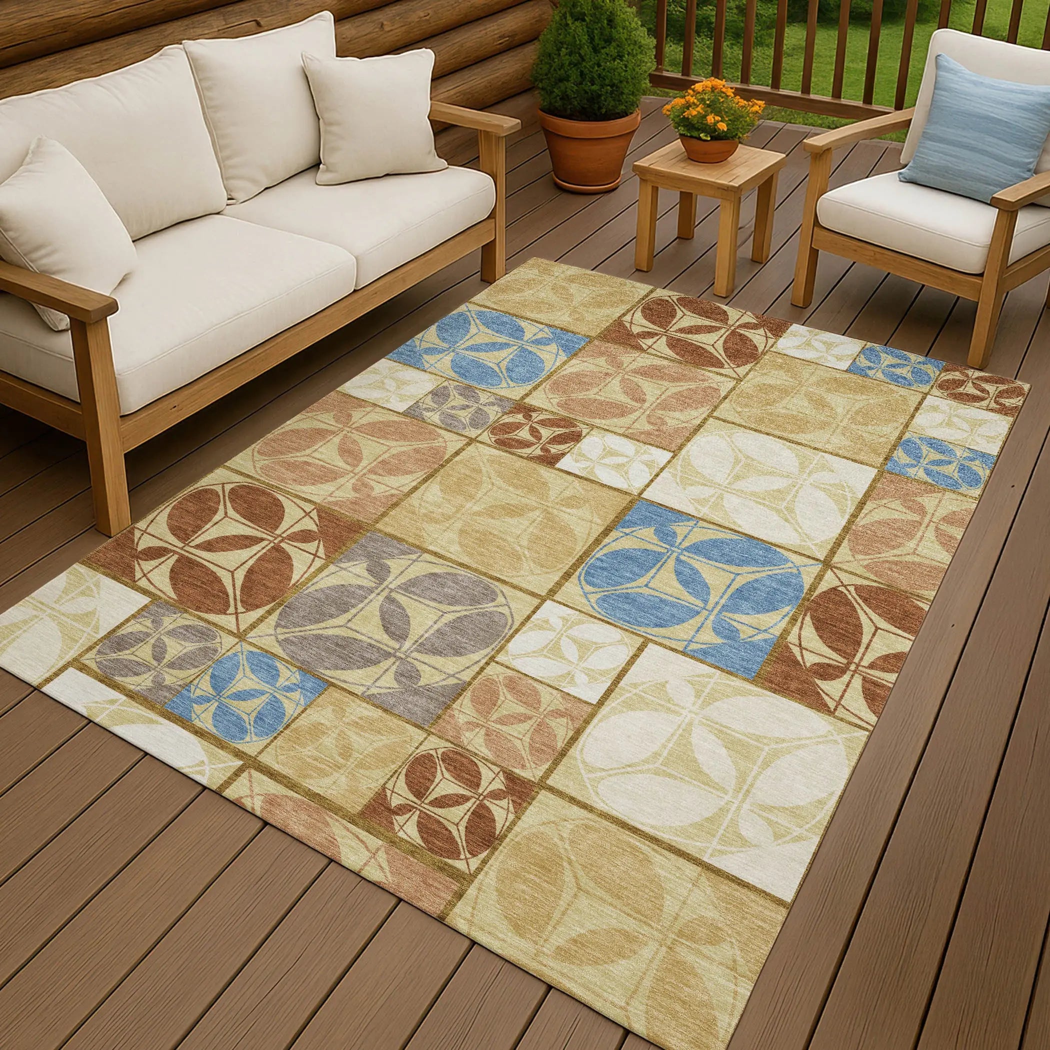 9' X 12' Wheat And Gold Geometric Washable Indoor Outdoor Area Rug Homeroots Outdoor