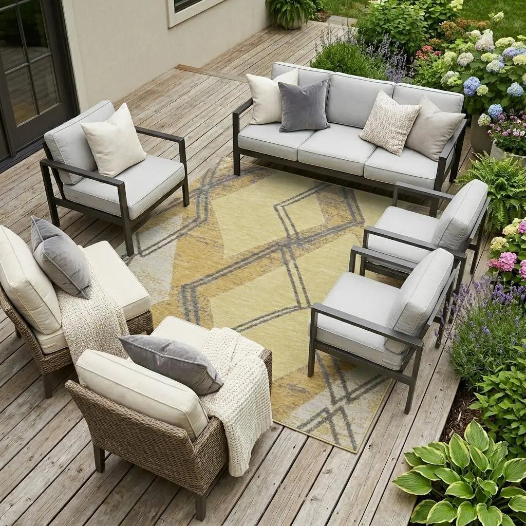 9' X 12' Wheat And Gold Geometric Washable Indoor Outdoor Area Rug Homeroots Outdoor