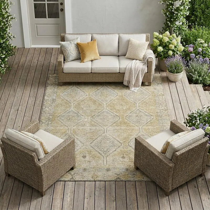 9' X 12' Wheat And Gold Geometric Washable Indoor Outdoor Area Rug Homeroots Outdoor
