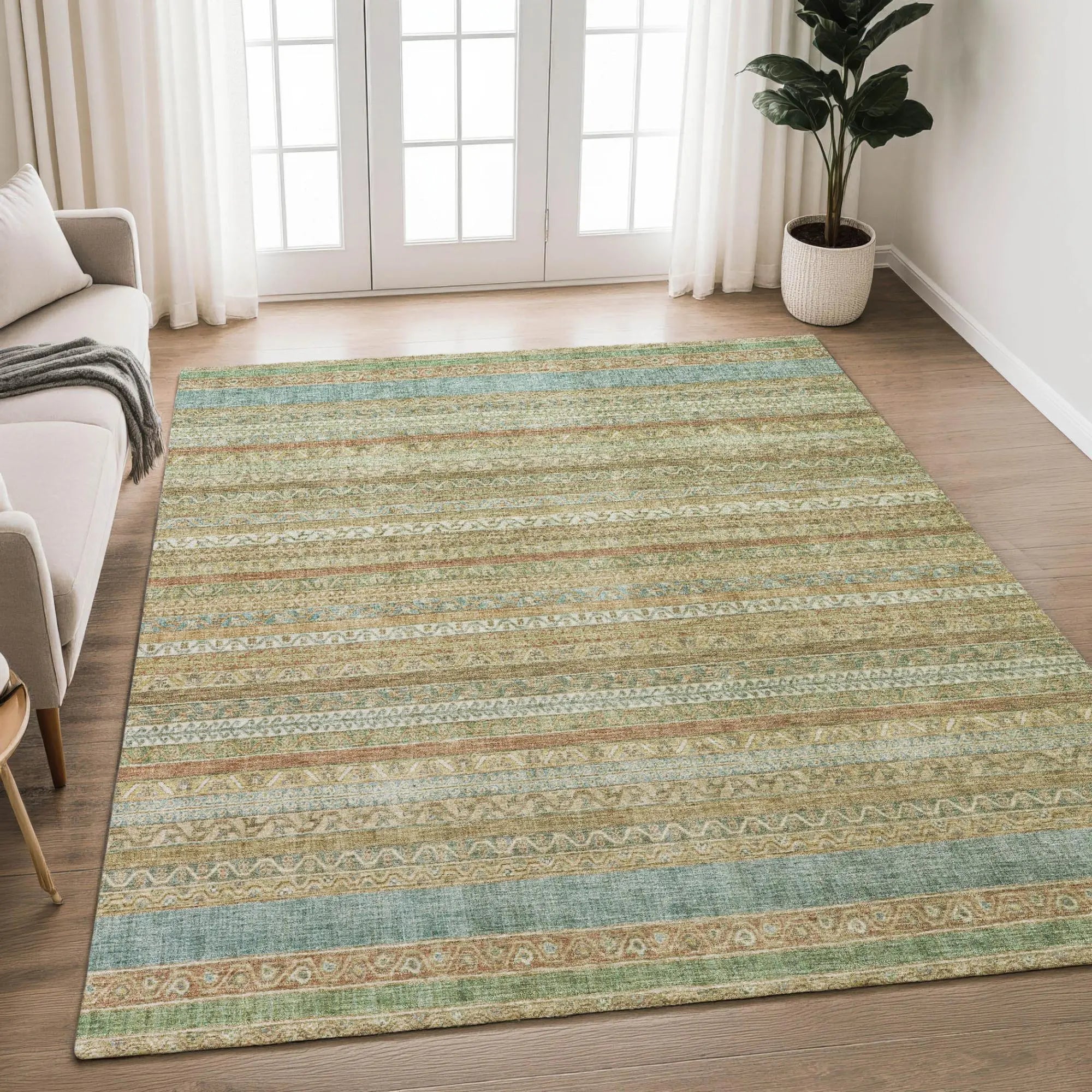 9' X 12' Wheat And Gold Striped Washable Indoor Outdoor Area Rug Homeroots Outdoor