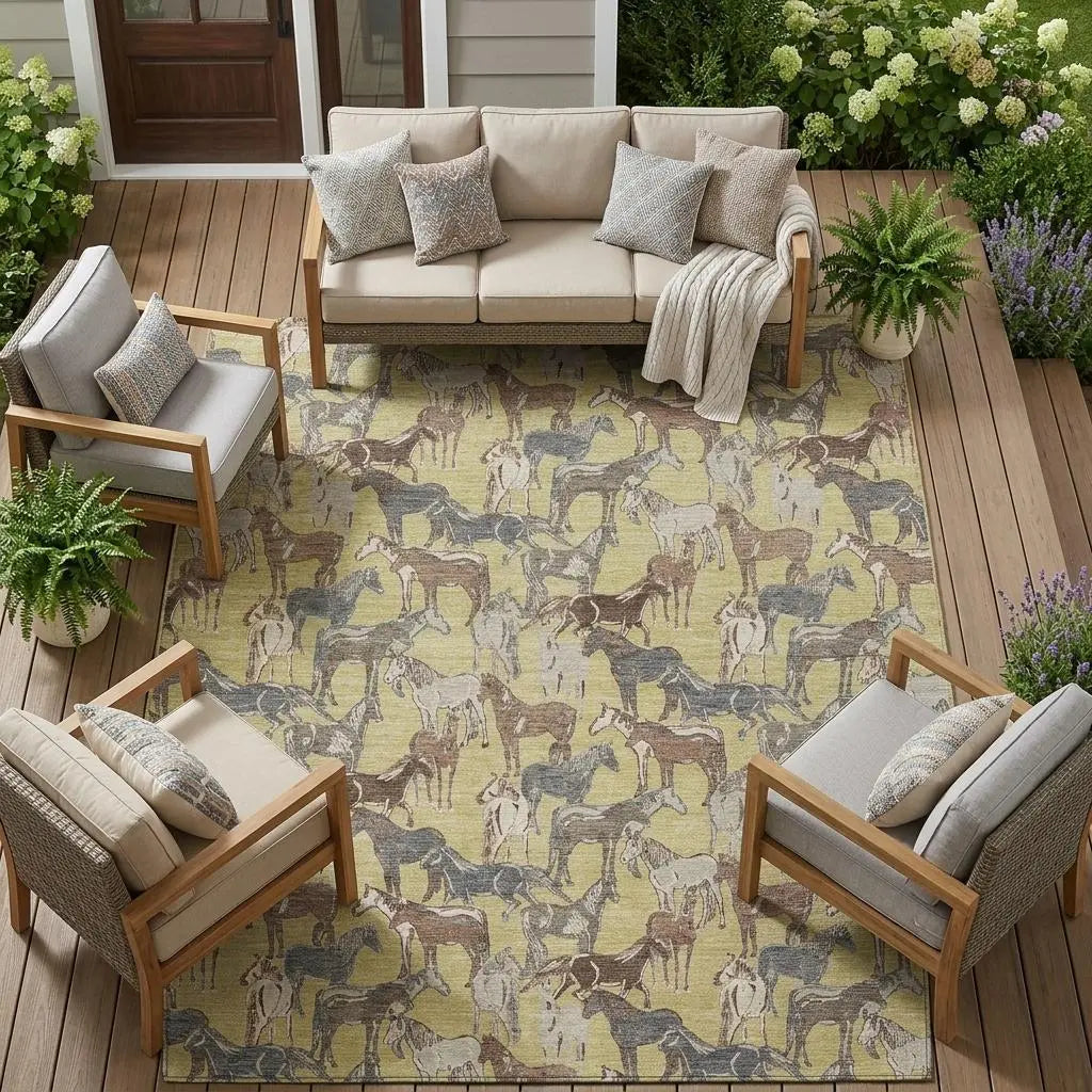 9' X 12' Wheat And Taupe Horse Washable Indoor Outdoor Area Rug Homeroots Outdoor