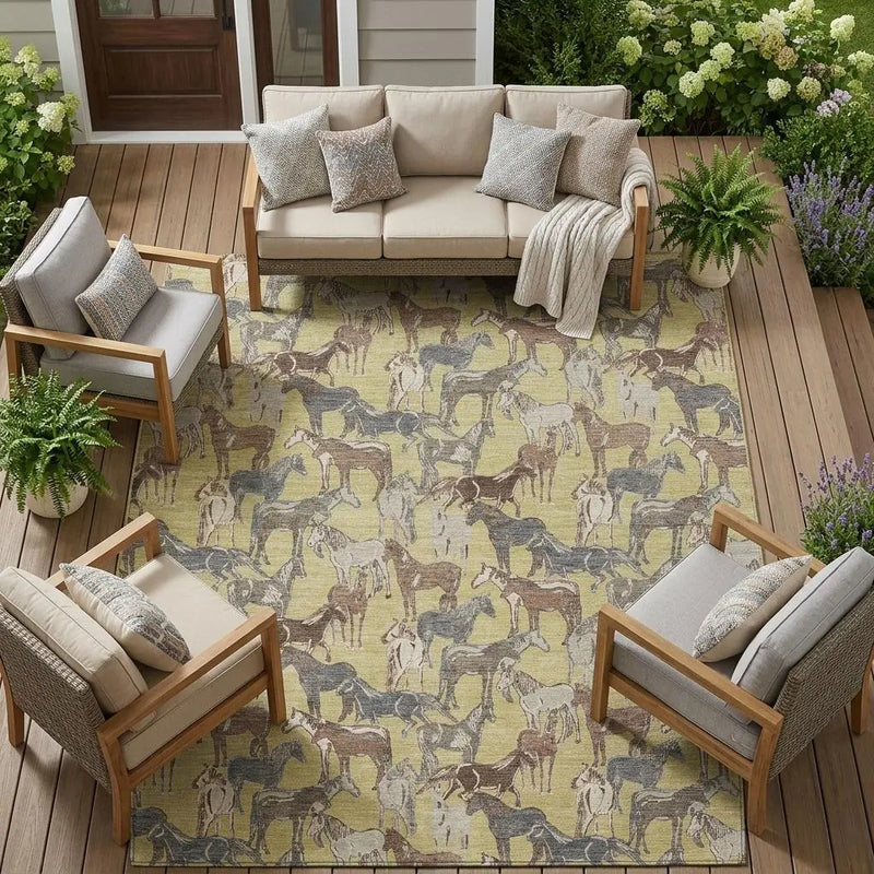 9' X 12' Wheat And Taupe Horse Washable Indoor Outdoor Area Rug Homeroots Outdoor