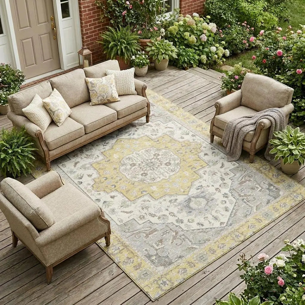 9' X 12' Wheat And Taupe Oriental Washable Indoor Outdoor Area Rug Homeroots Outdoor