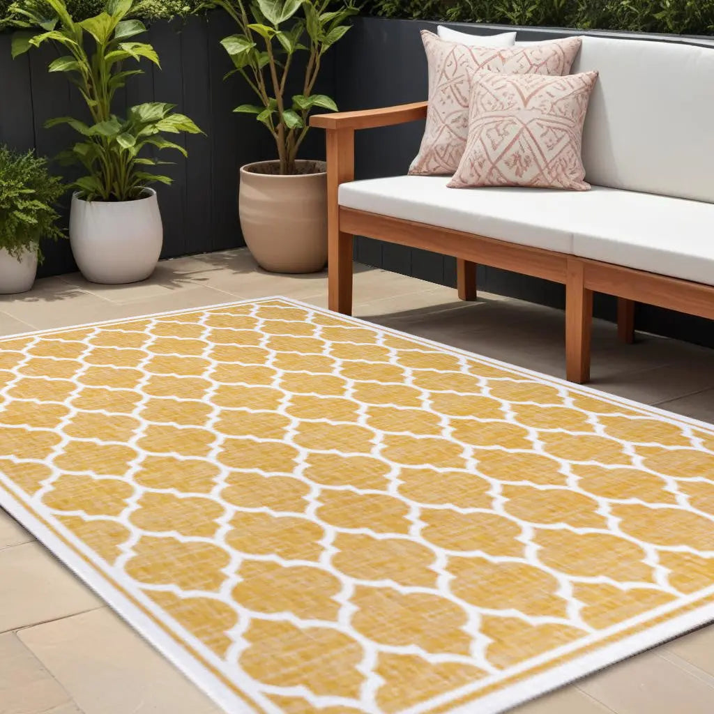 9' X 12' Yellow And Cream Geometric Indoor Outdoor Area Rug Homeroots Outdoor