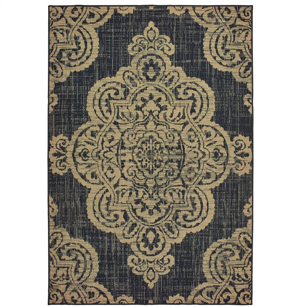 9' X 13' Black and Tan Oriental Stain Resistant Indoor Outdoor Area Rug Homeroots Outdoor