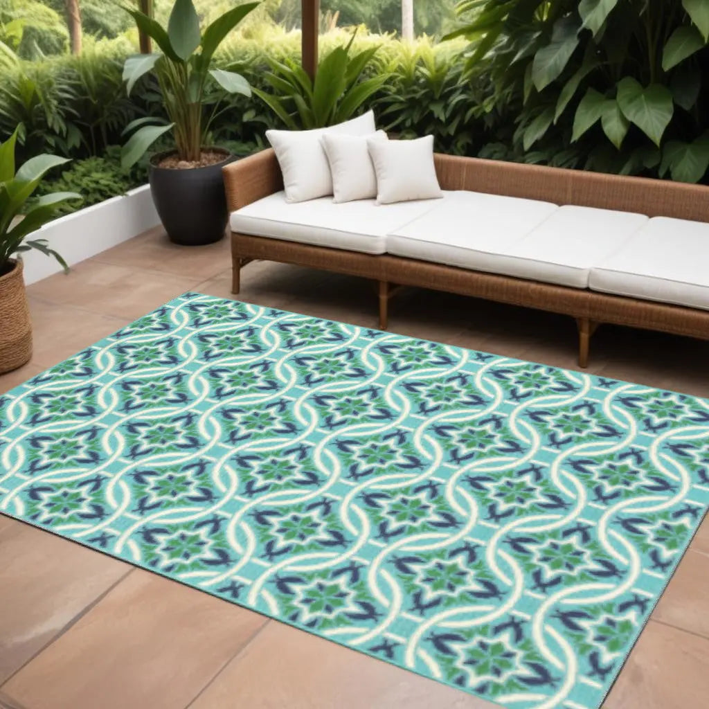 9' X 13' Blue and Green Geometric Stain Resistant Indoor Outdoor Area Rug Homeroots Outdoor