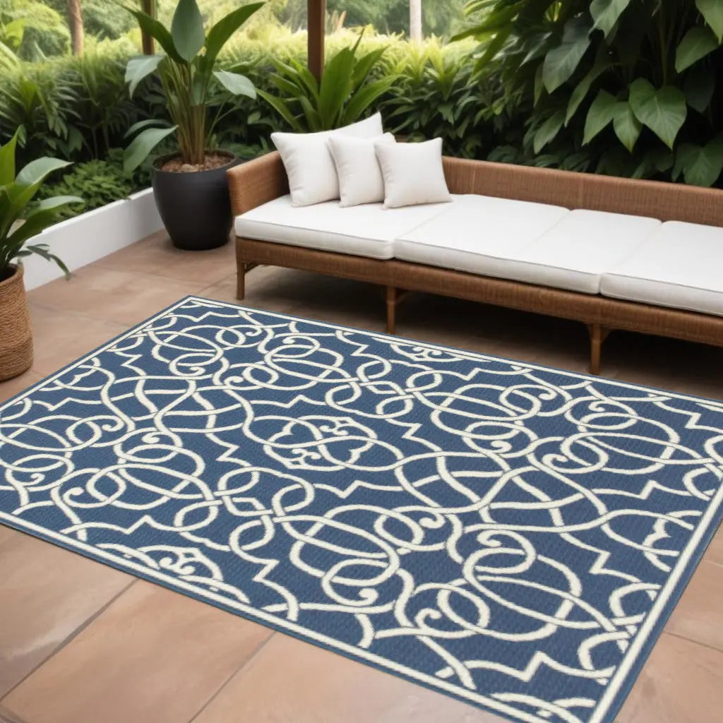 9' X 13' Blue and Ivory Geometric Stain Resistant Indoor Outdoor Area Rug Homeroots Outdoor