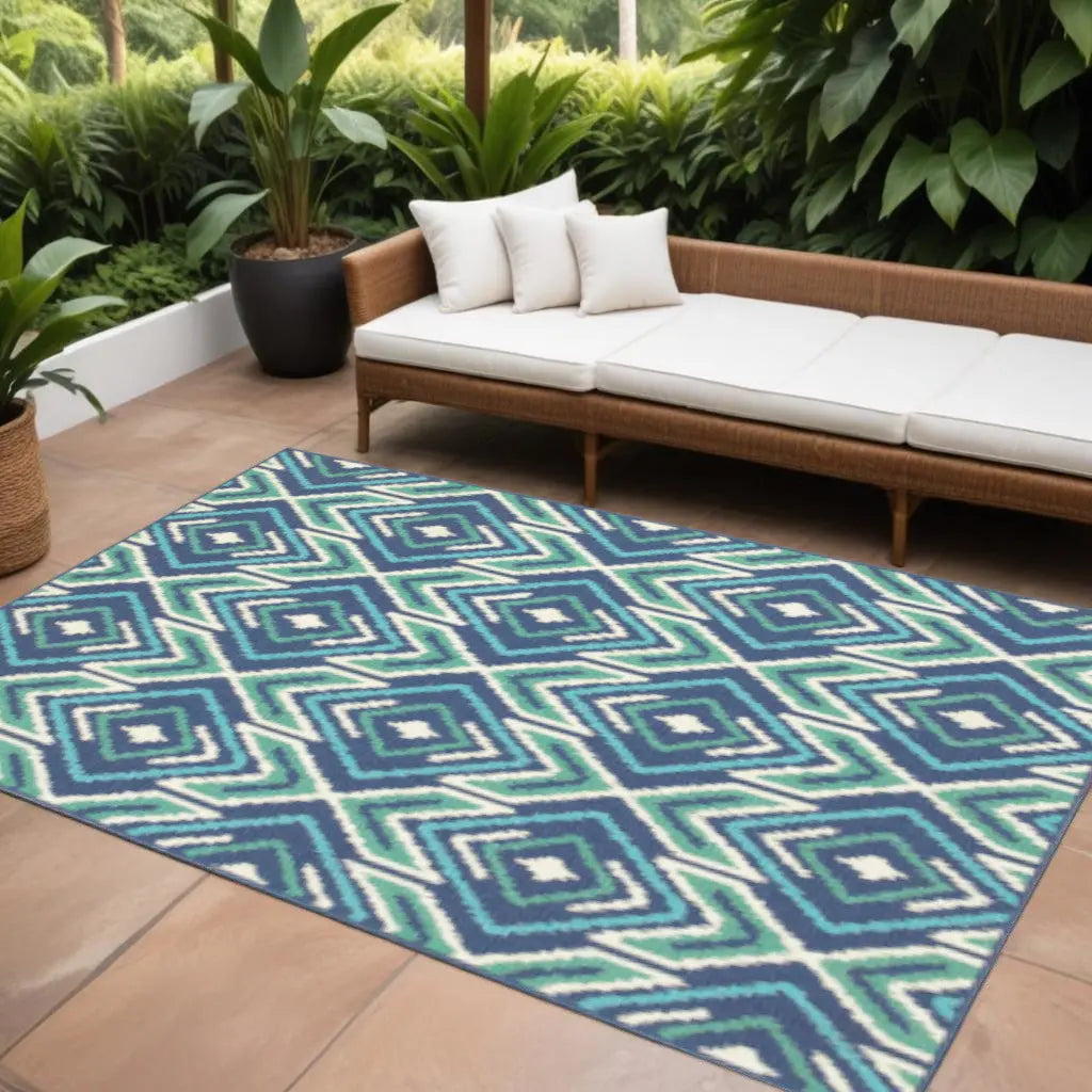 9' X 13' Blue and Ivory Geometric Stain Resistant Indoor Outdoor Area Rug Homeroots Outdoor