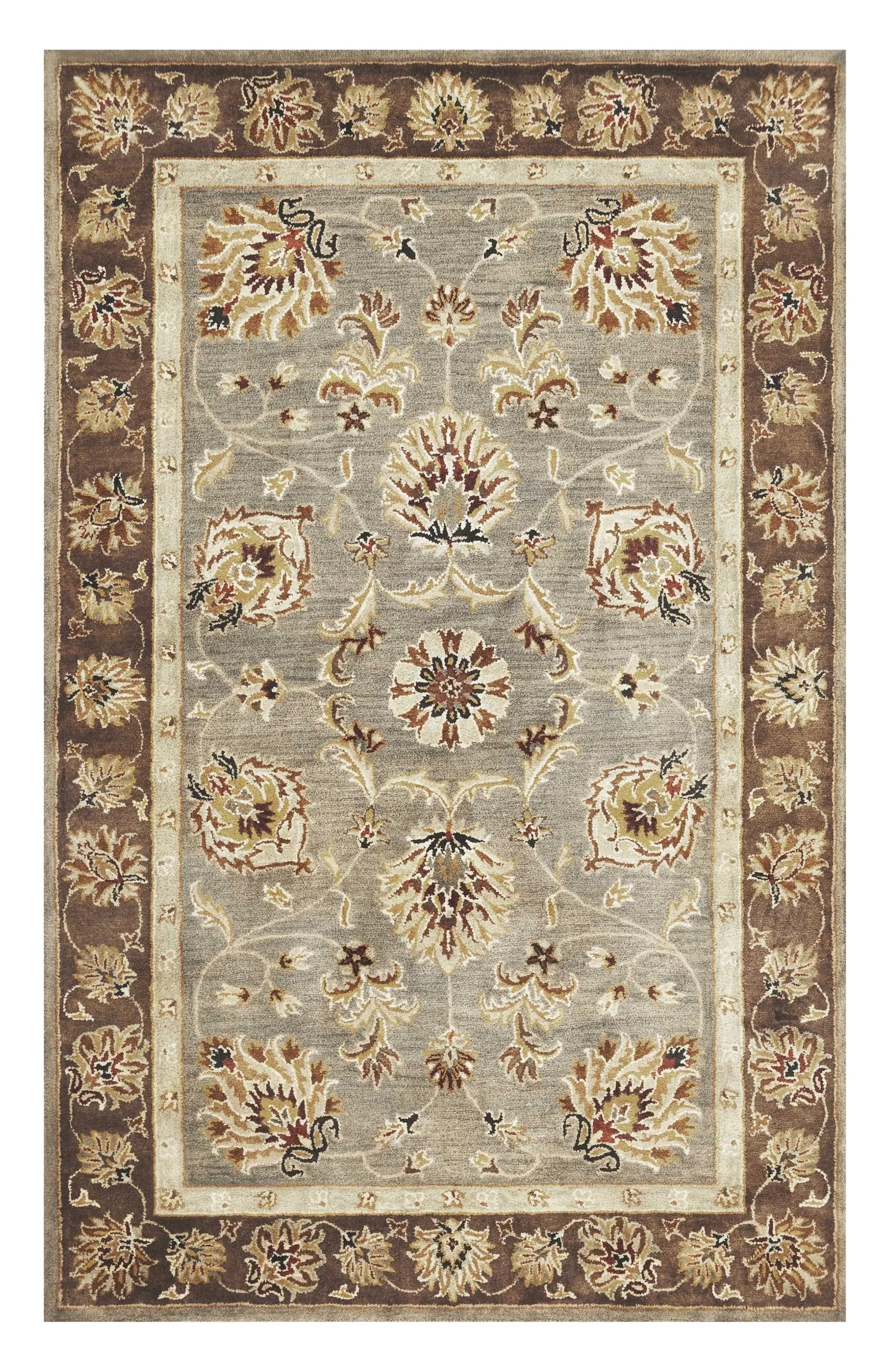 9' X 13' Gray Brown And Ivory New Zealand Lambs Wool Floral Medallion Hand Tufted Area Rug Homeroots Home Decor